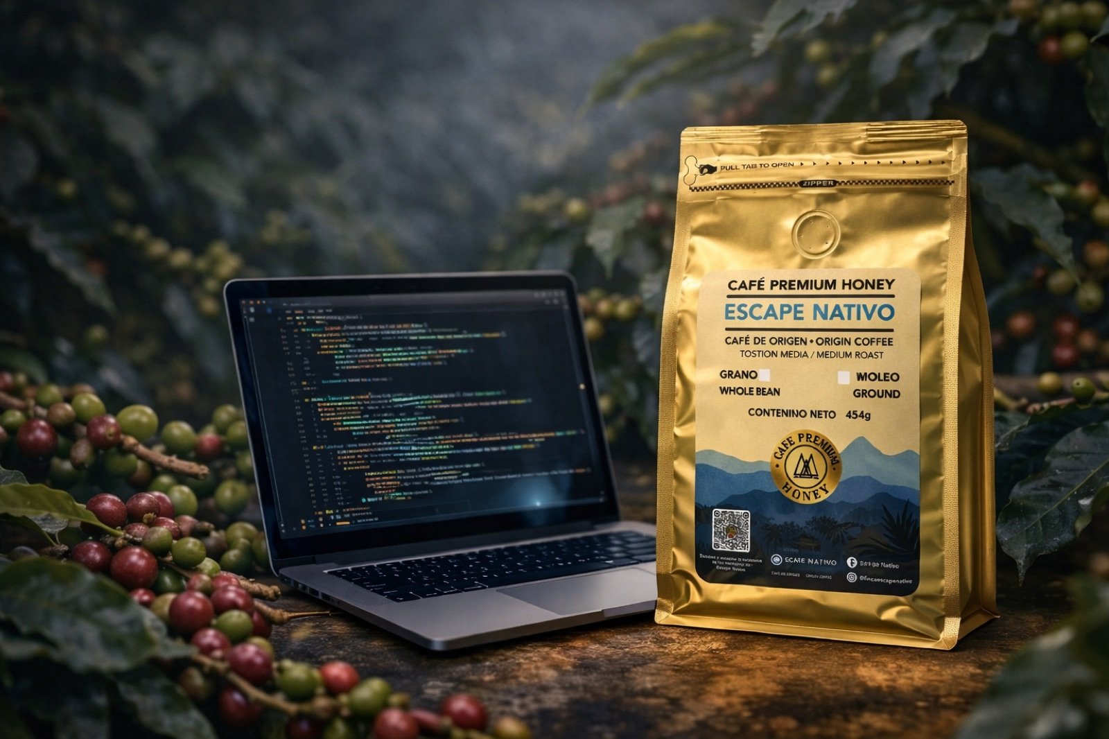 Computador portátil con código junto a una bolsa de Café Escape Nativo entre cafetales