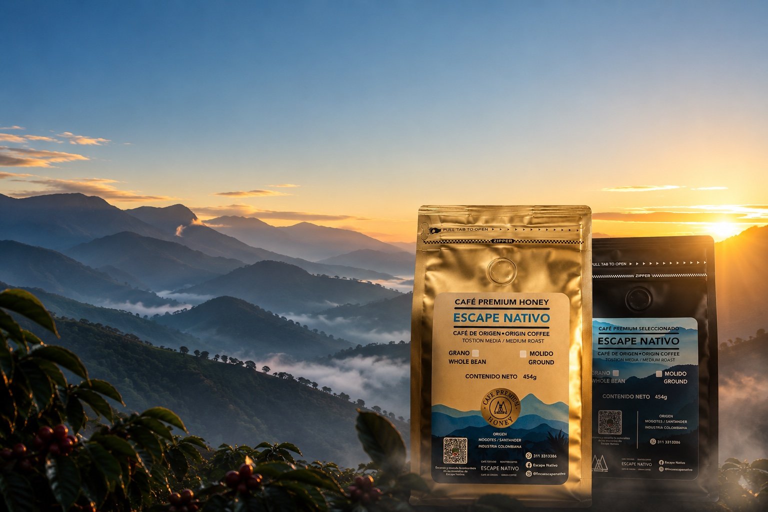 Bolsas de Café Escape Nativo Honey y Seleccionado sobre la cordillera de Mogotes, Santander, al amanecer