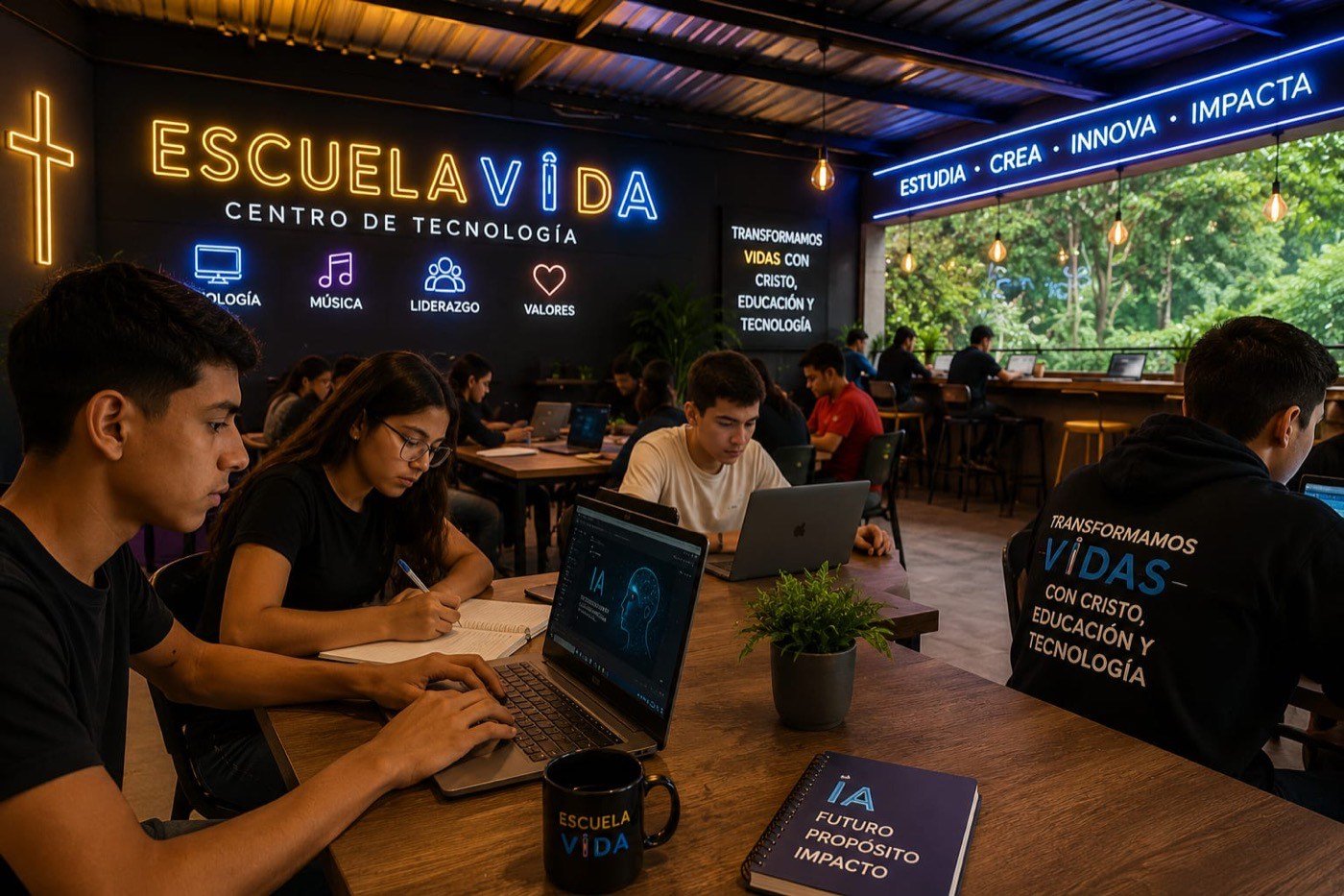 Estudiantes en el centro de tecnología Escuela Vida