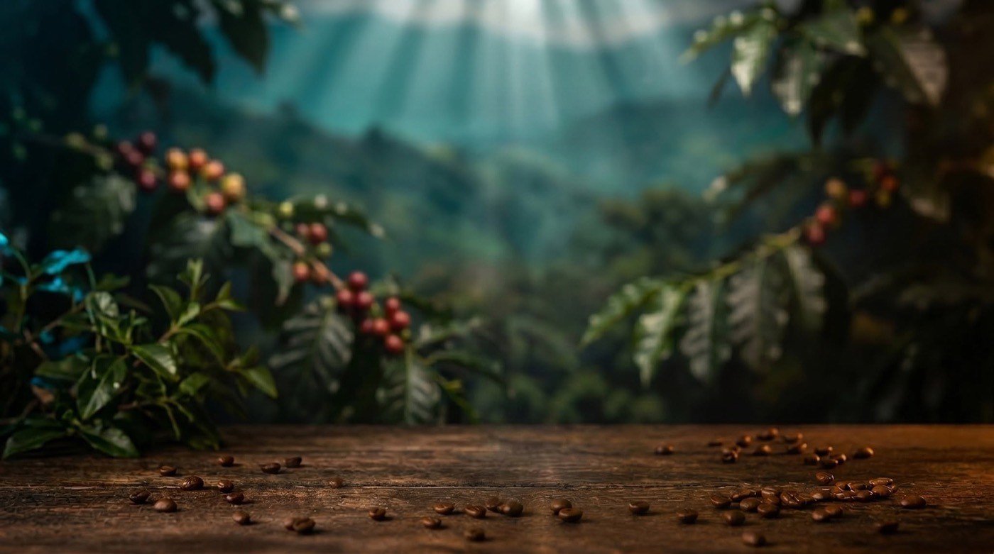 Granos de café tostado sobre madera